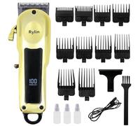 Rylin Cordless Hair Clippers Set 10x Guide Combs Rechargeable USB Cordless Clipper Professional Hair Trimmer Haircut LED Display Low 5 Gear Adjust Pitch 0.5mm Cutting for Men Home Barber Salon (Gold)