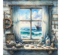 RYMILIE Beach Diamond Painting Kits for Adults, Sailing Boat Diamond Art Kits for Beginners,DIY 5D Diamond Painting Kit for Home Wall Decor Gifts【13.7x13.7inch】
