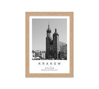 Rynek glowny Travel Print Krakow Wall art Black and white Poster A5 Print in Oak Effect frame 20 X 24.5cm (7x9.6inch)
