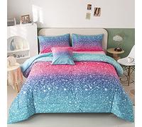 RYNGHIPY 6Pcs Pink Glitter Comforter Sets for Kids Teen Girls Twin Size, Colorful Rainbow All-Season Coverlet Set, Ultra Soft Bedding Collections