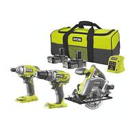 Ryobi 18v Triple Kit Combi Drill, Impact Driver & Circular Saw 2X 2.0Ah Li-ion Batteries & Charger