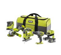 RYOBI - 4 Piece Tool Set: Drill + Pendulum Saw + 115mm Angle Grinder + Grinder +