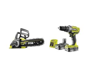 Ryobi OCS1830 18 V 30 cm Bar ONE+ Cordless Brushless Chain Saw & R18PD3-215GZ 18 V ONE+ Cordless Combi Drill Starter Kit (2 x 1.5 Ah), Hyper Green