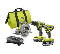 Ryobi P1837 18V One+ Cordless Brushless 3 Tool Combo Contractor Kit (9 pieces: Drill/Driver, Impact Driver, Circular Saw, 7-1/4 in Blade, Blade Wrench, Charger, 2.0 & 3.0 Ah Batteries, Bag)