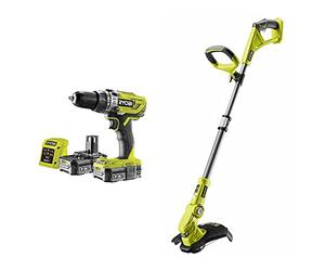 Ryobi R18PD3-215GZ 18 V ONE+ Cordless Combi Drill Starter Kit (2 x 1.5 Ah) & OLT1832 18V ONE+ Cordless Grass Trimmer Only, 25-30cm, Hyper Green