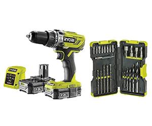 Ryobi R18PD3-215GZ 18 V ONE+ Cordless Combi Drill Starter Kit (2 x 1.5 Ah) & RAK30MIX Mixed Drilling and Driving Bit Set, 30 Piece