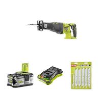 Ryobi R18RS-0 18V One+ Cordless Reciprocating Saw + RAK06RB 6PC Recip Sawe Blade Set + 5Ah Battery & Charger