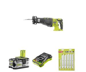 Ryobi R18RS-0 18V One+ Cordless Reciprocating Saw + RAK06RB 6PC Recip Sawe Blade Set + 5Ah Battery & Charger
