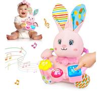 Ryotagift Baby Bilingual Musical Bunny Stuffed Animals Toys,Infant Early Learning Toy with Light-Up Music & Crinkle,Tummy Time Toys for 0 3 6 9 12+ Months for Baby Boy Girl Gift,Pink