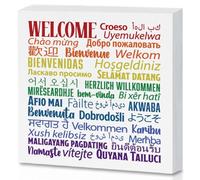 RYOTKIK Welcome in 40 Languages Rustic White Wooden Box Sign Desk Decor, 6 X 6 Inch Wood Block Plaque Box Sign for Home Living Room Office Cubicle Table Decoration