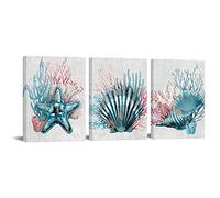 RyounoArt Coral Art Wall Decor Beach Sea Shell Pictures Prints on Canvas Teal and Coral Bathroom Decor Framed 12 * 16 inch each