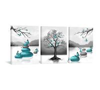 RyounoArt Teal and Black Canvas Wall Art Zen Bathroom Pictures Teal Butterflies and Tree of Life Painting Meditation Room Wall Decor Framed 12 * 16in *3pcs (small)