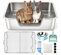 Rypet Large Rabbit Litter Box, Bunny Litter Box High Side with 304 Stainless Steel Sifting Tray, Metal Small Animal Litter Pan with Pet Food Bowl and Water Bottle, Non-Slip Easy to Clean Odor Control