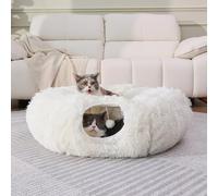 RYpetmia Plush Cat Tunnel Bed for Indoor Cats with Soft Cushion, Multi-Shape Play Cave with Hanging Balls, Large and Foldable Cat Donut Tunnel for Small and Large Pets (White)