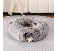 RYpetmia Plush Cat Tunnel Bed for Indoor Cats with Soft Cushion, Multi-Shape Play Cave with Hanging Balls, Large and Foldable Cat Donut Tunnel for Small and Large Pets (Brown)