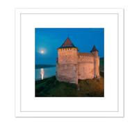 Ryshkov Khotyn Fortress Ukraine Full Moon Photo 8X8 Inch Square Wooden Framed Wall Art Print Picture with Mount Artery8 White One Size
