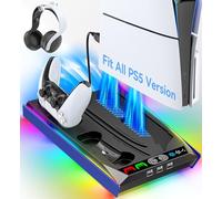 Rysker PS-5/Slim/Pro Cooling Station with 3-Level Cooling Fan, Fast Controller Charger for Disc & Digital, PS-5 Accessories Incl. 3 USB Ports, Screw and Headset (Royal Blue)