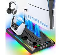 Rysker Slim Stand, PS-5 Cooling Station Built-in 3-Level Cooling Fan & Fast Charger for Disc & Digital, PS-5 Accessories with Safety Screw and Headset Holder