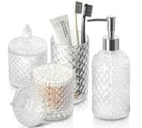 RYTOXILO Bathroom Accessories Set, 4 Pack Clear Glass Bath Accessory Sets Complete, Diamond Soap Dispenser and Toothbrush Holder Set for Bathroom Counter Organizer Essentials, Modern Bathroom Decor