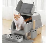 Rywell Stainless Steel Cat Litter Tray with Lid, Covered Extra Large Cat Litter Box, Metal Litter Boxes with Lid, Litter Scoop, Filter Pedal&Litter Mat, Anti-Leakage, Non-Stick, Easy to Clean