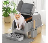 Rywell Stainless Steel Cat Litter Tray with Lid, Covered Extra Large Cat Litter Box, Metal Litter Boxes with Lid, Litter Scoop, Filter Pedal&Litter Mat, Anti-Leakage, Non-Stick, Easy to Clean