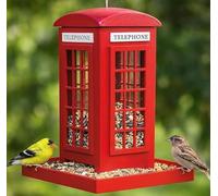 RYYN® Telephone Box Bird House - Red Telephone Box Bird Feeder - Hanging Garden Seed Feed Station - Outdoor Wooden Wild Bird Feeding House - Tray with Drainage Holes - British Style Decorative Feeder