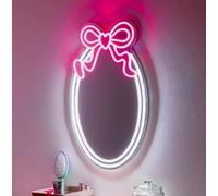 RYYN The Lifestyle Edit Oval Neon Mirror with LED Bow Design, Pink and White Wall-Mounted Vanity Light, Room Decor