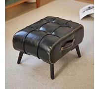 RYZQWE Solid Wood Frame Ottoman Foot Rest, Small Leather FootStool for Couch, Pouffe Footstool, Shoe Change Stool, Vintage Furniture Footstools and Ottomans Footrest, Coffee Table Small Bench(Black)