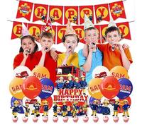 RZDQZY Fireman Sam Birthday Decorations: 16pcs Balloons, 13pcs Cake Toppers, 1pc Birthday Banner, Party Supplies - Red, Cartoon, Solid