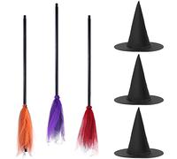 RZJSLSHANHAI 6 Pieces Halloween Witch Broom Set, 3 Pack Halloween Witch Brooms and 3 Pack Halloween Witch Hats Kids Broom Props Cap Flying Broomstick for Halloween Costume Cosplay Party Decoration