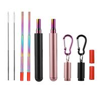 RZJZGZ 2 Pack Telescopic Reusable Straw, Collapsible Stainless Steel Straws, Portable Metal Drinking Straws with Aluminum Key-Ring Case & Cleaning Brush for Travel, Home, Work (Black and Rose Gold)