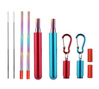 RZJZGZ 2 Pack Telescopic Reusable Straw, Collapsible Stainless Steel Straws, Portable Metal Drinking Straws with Aluminum Key-Ring Case & Cleaning Brush for Travel, Home, Work (Red and Blue)