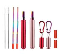 RZJZGZ 2 Pack Telescopic Reusable Straw, Collapsible Stainless Steel Straws, Portable Metal Drinking Straws with Aluminum Key-Ring Case & Cleaning Brush for Travel, Home, Work (Red and Rose Gold)
