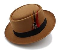 RZL Bowler Hats 1pcs Dad Wool Flat Fedora Hat Fashion Women Men Pork Pie Hat Lady Gentleman Gambler Panama Trilby Hat With Fashion Feather Size 58CM (Color : Khaki)