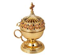 RZRHMUHN 4.92 Inch Russian Orthodox Handheld Incense Burner Gold Byzantine Church Censer with Cross Rhinestone Enamel Decor for Christian Church Worship Home Altar Prayer Religious Gift