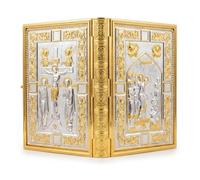RZRHMUHN Byzantine Style Orthodox Gospel Book Cover Gold Silver Plated Solid Zinc Alloy Embossed Relief Metal Bible Cover for Church Worship Religious Gift
