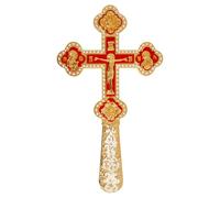RZRHMUHN Orthodox Blessing Cross, Gold Plated Zinc Alloy Handheld Priest Cross with Enamel and Rhinestone Icons, 11.61" Byzantine Liturgical Cross for Church Sacraments