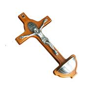 RZRHMUHN Wooden Saint Benedict Exorcism Crucifix with Holy Water Font - 8.5" Wall-Mounted Catholic Decor, Metal Corpus, Religious Gift (Yellow)