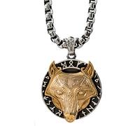RZRPYFMM Celtic Wolf Head Pendant Necklace Viking Rune Letters Wolf Head Pendant Necklace Gothic Stainless Steel Hip Hop Locomotive Jewelry,Gold,60cm