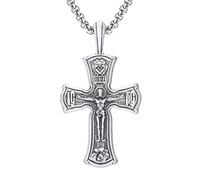 RZRPYFMM Christian Cross Pure Pewter Pendant, Men's Fashion Vintage Jesus Cross Necklace,Silver,Pendant + Chain 70cm