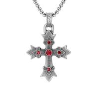 RZRPYFMM Men's Christian Cross Pure Pewter Pendant, Vintage Cross Ruby Necklace,Silver,Pendant + Chain 50cm