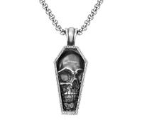 RZRPYFMM Men's Evil Skull Pure Pewter Pendant, Gothic Vintage Stainless Steel Necklace,Silver,Pendant + Chain 70cm
