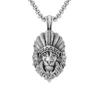 RZRPYFMM Men's Indian Crown Lion's Head Pure Pewter Pendant, Viking Vintage Feathered Lion's Head Necklace,Silver,Pendant + Chain 50cm