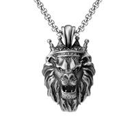 RZRPYFMM Men's Lion's Head Pure Pewter Pendant, Viking Vintage Crown Lion's Head Necklace,Silver,Pendant + Chain 70cm