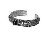 RZRPYFMM S925 Sterling Silver Domineering Double Dragon Bracelet, Men's Black Gemstone Sterling Silver Bracelet,Silver,18cm~22cm