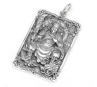 RZRPYFMM S999 Sterling Silver Men's Chinese Guan Yu Pendant, Gothic Vintage Hemp Rope Bagua Necklace,Silver,Pendant + Chain 70cm