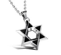 RZRPYFMM Star of David Titanium Steel Necklace Pendant, Men's Religious Faith Six Pointed Star Totem Engraved Six Words Mantra Rune Necklace,Silver,60CM