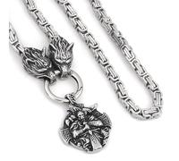 RZRPYFMM Viking Odin Axe Pendant Necklace Double Wolf Head Chain Celtic Knot Necklace Men's Antique Scandinavian Amulet Jewelry,Silver,60