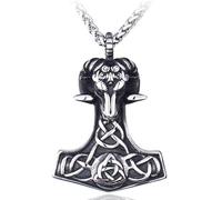 RZRPYFMM Viking Thor's Hammer Sheep Head Stainless Steel Pendant Satan Goat Amulet Pendant Necklace Celtic Knot Jewelry Necklace,Silver,70