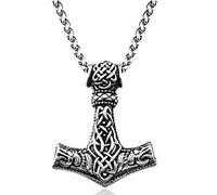 RZRPYFMM Viking Thor's Hammer Stainless Steel Necklace Pendant Celtic Knot Pendant Men And Women Scandinavian Double Wolf Head Necklace Jewelry,Silver,BS chain 60